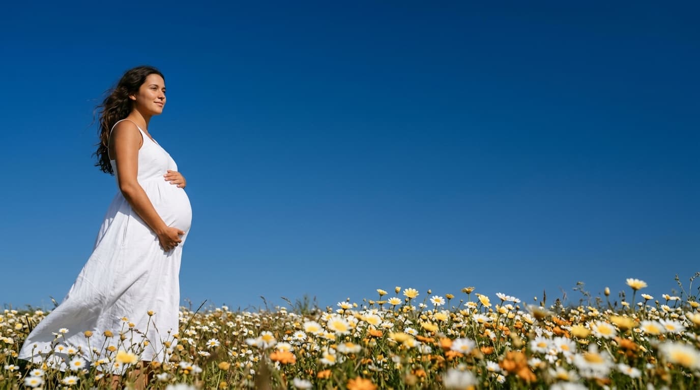 Expectant mother standing in a sunlit field of wildflowers under a clear blue sky