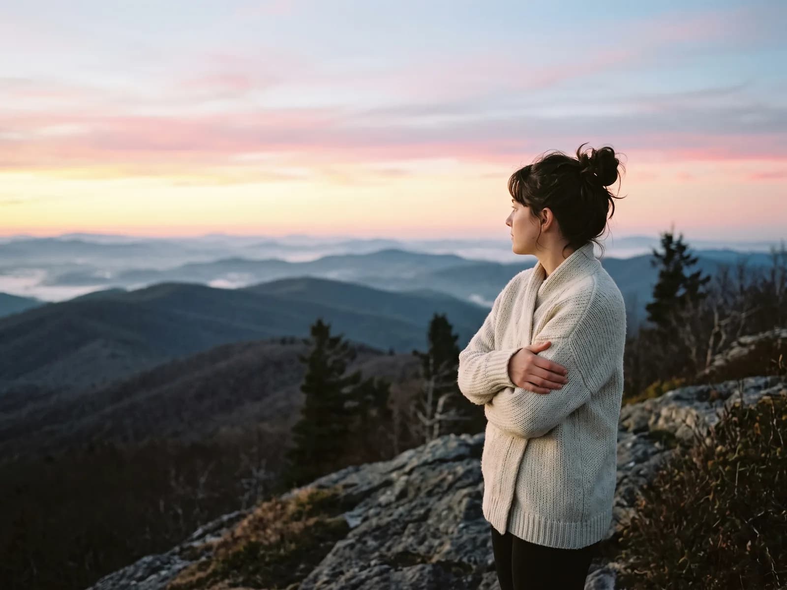 A woman at a peaceful mountain overlook — the privacy and peace of closed adoption
