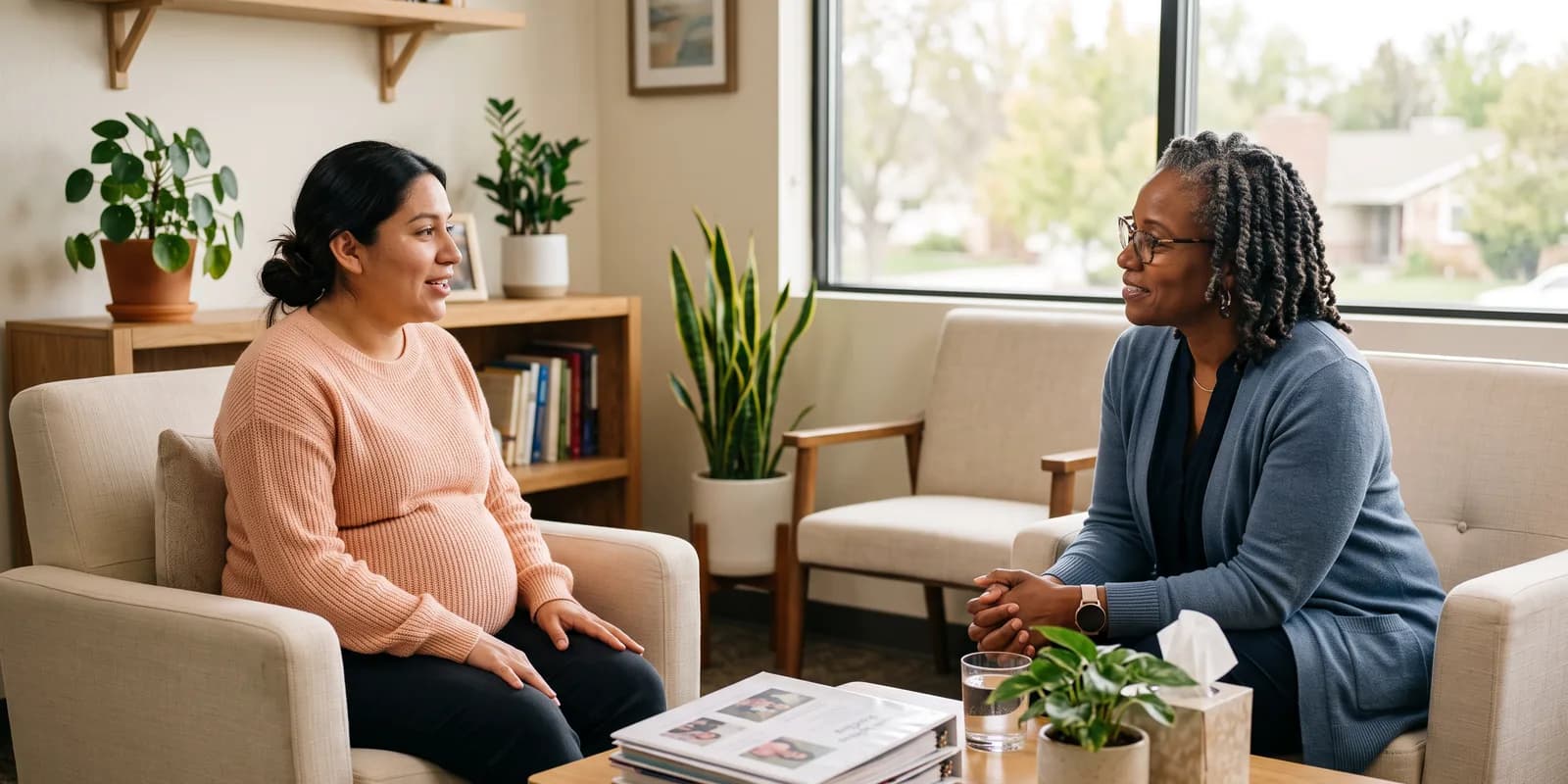 Domestic infant adoption: the most common type of adoption for families hoping to adopt a baby An expectant mother meeting with an adoption counselor to look at family profiles, the first step in domestic infant adoption through a licensed agency
