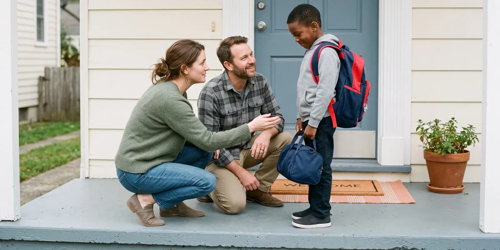 Foster care adoption, one of the seven types of adoption, most often places school-age children and sibling groups A couple welcoming a school-age boy at their front door, the kind of placement that leads to foster care adoption