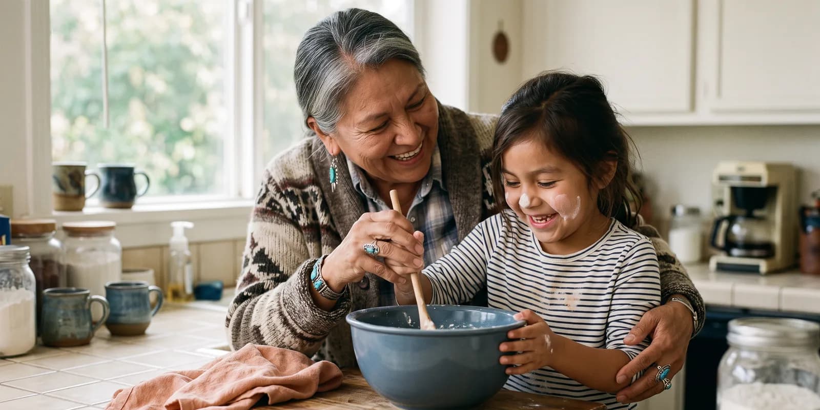 Relative (kinship) adoption makes a child's existing family relationship legal A grandmother cooking with her granddaughter, the everyday bond behind relative or kinship adoption