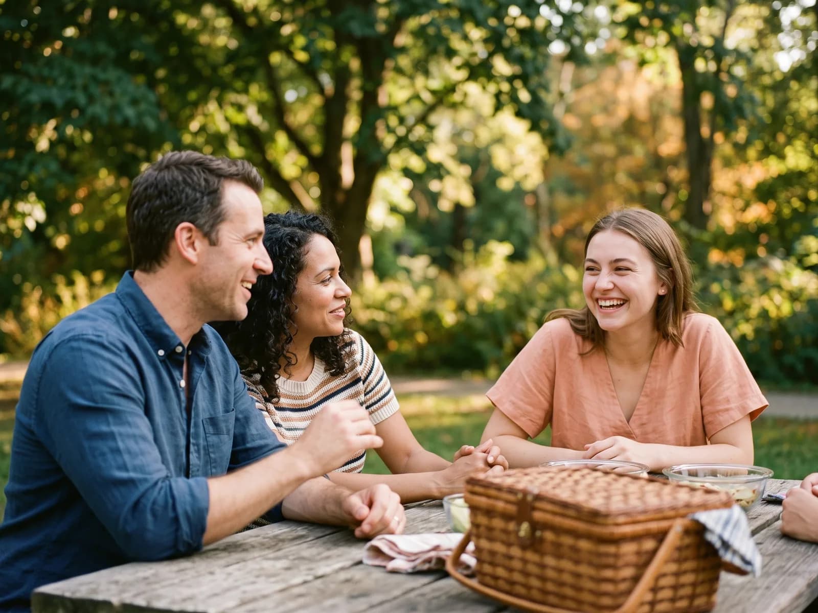 A birth mother and adoptive family sharing a park picnic — the easy friendship of open adoption