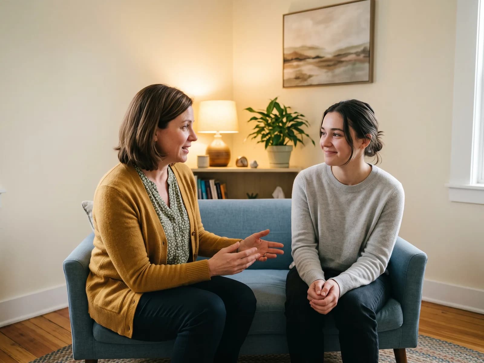A counselor sharing mediated updates with a birth mother in a semi-open adoption