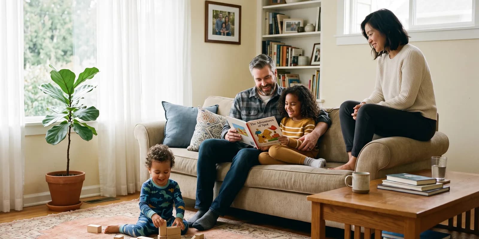 Stepparent and relative adoption are two of the seven types of adoption A blended family reading together at home, one of the many types of adoption that make an existing relationship legal