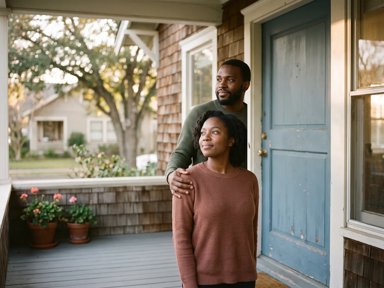 Hopeful adoptive parents outside their home planning how to afford domestic infant adoption