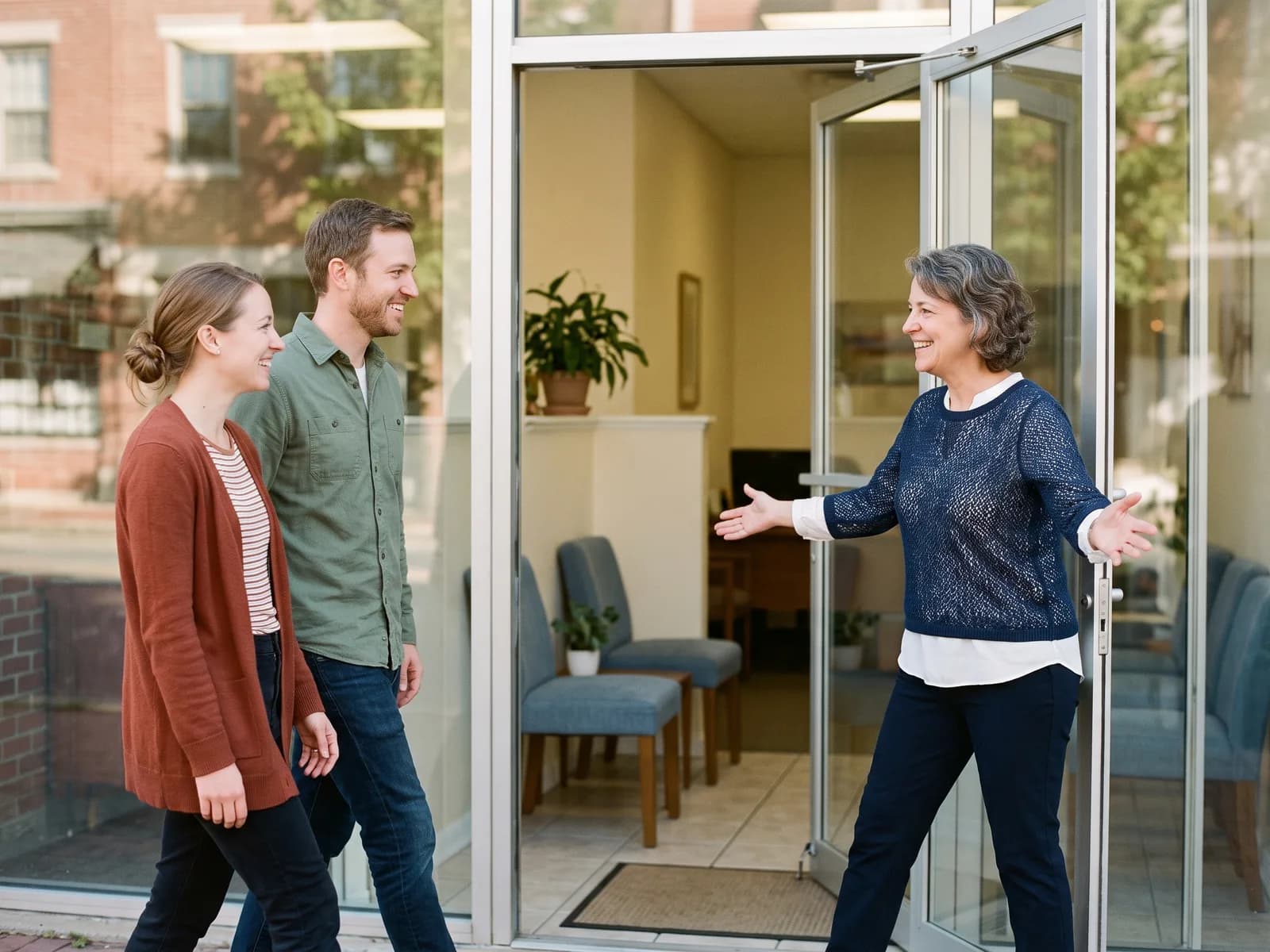A licensed adoption agency counselor welcoming a hopeful family