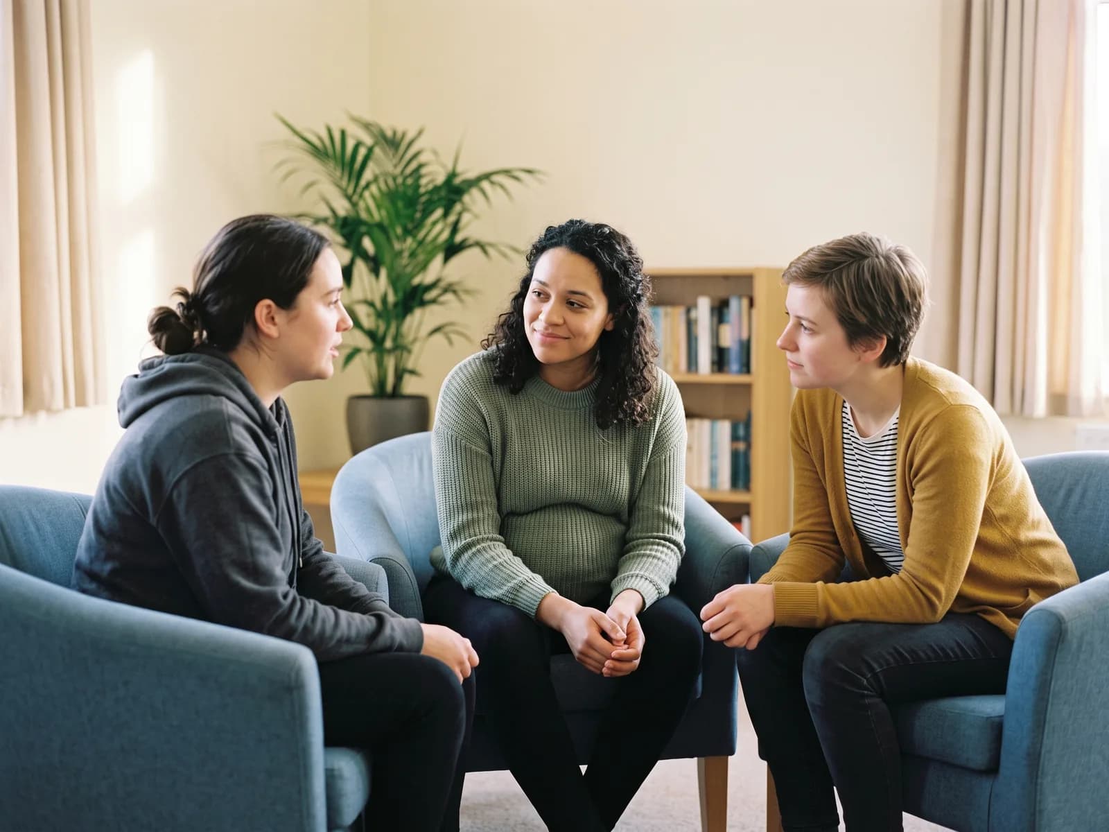 Birth mother support group meeting with adoption-competent counselors