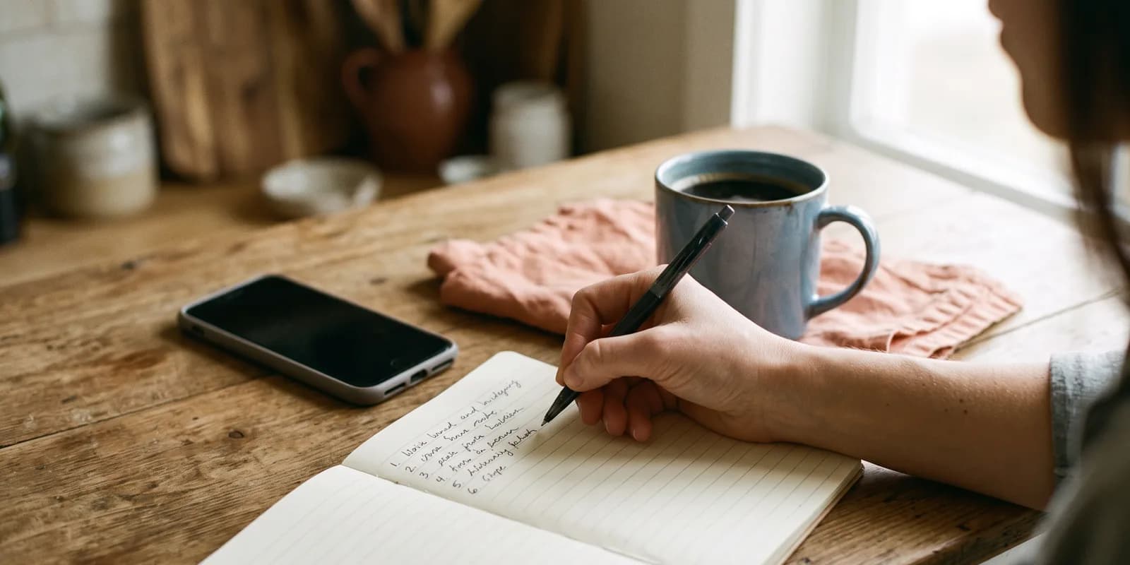 Writing down the questions to ask an adoption agency A hand writes a numbered list in a notebook on a wooden table, next to a phone, a mug of coffee, and a peach cloth napkin