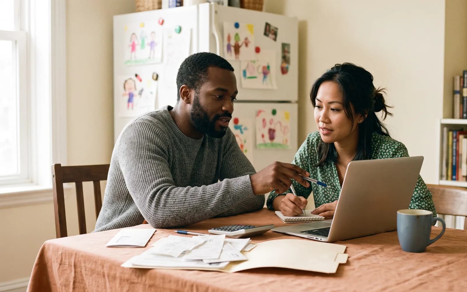 A couple at their dining table reviewing receipts on a laptop, with a calculator and a folder of papers in front of them