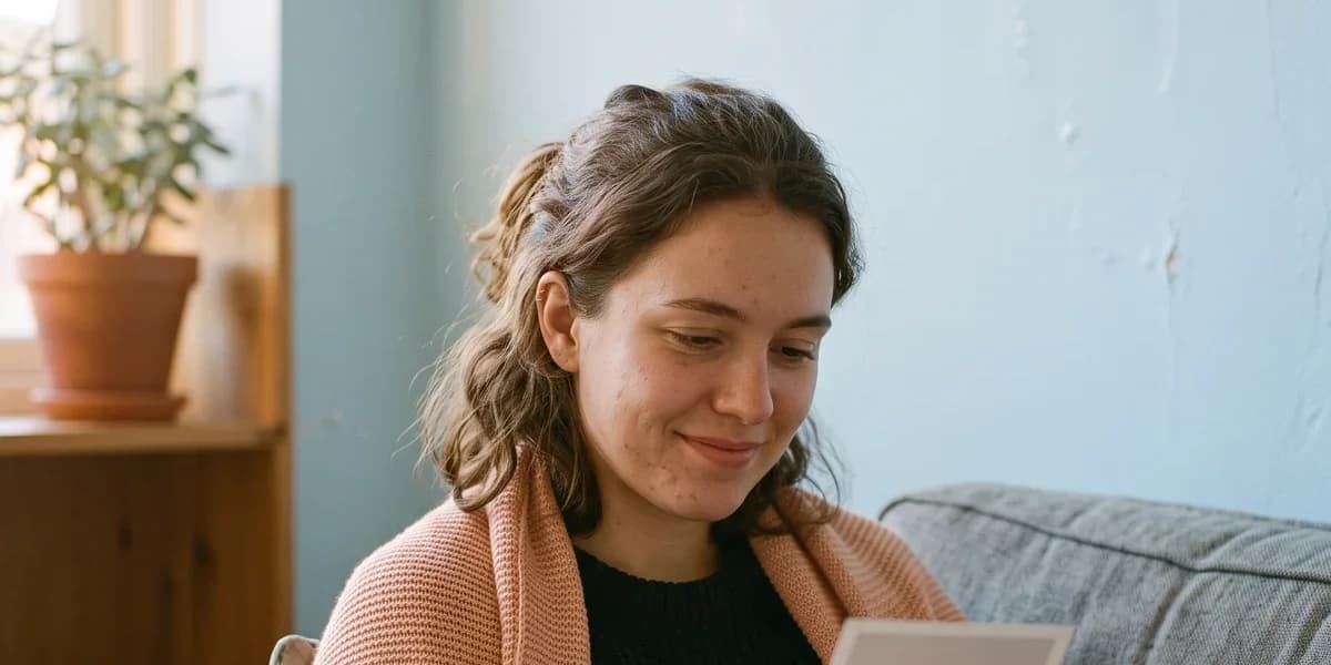 A birth mother looking at a photo update, part of a semi-open adoption contact agreement