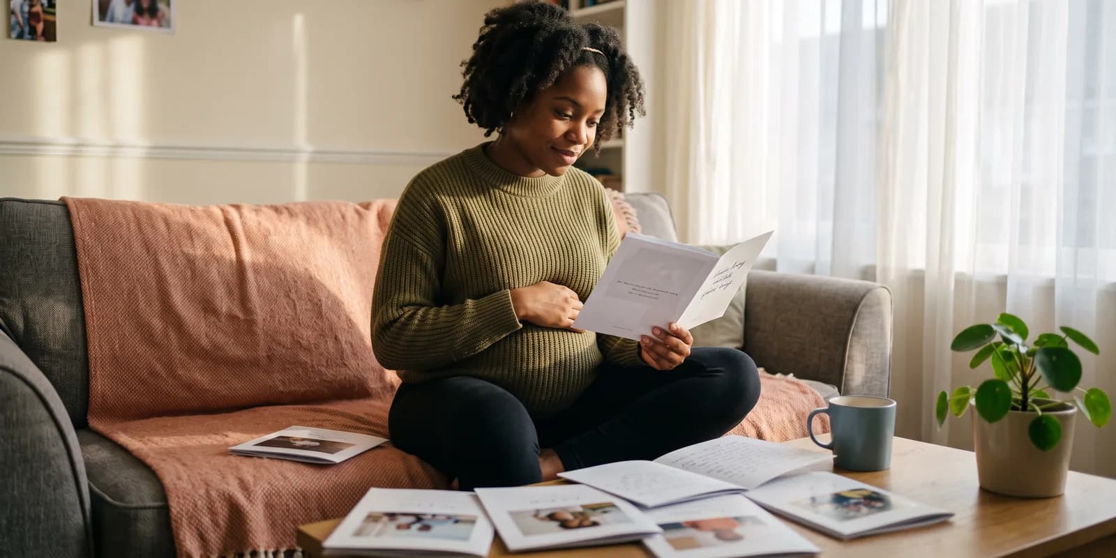 Choosing an adoptive family from their profiles and letters A pregnant woman sits cross-legged on a sofa reading one of several printed adoptive family profile letters spread across her coffee table