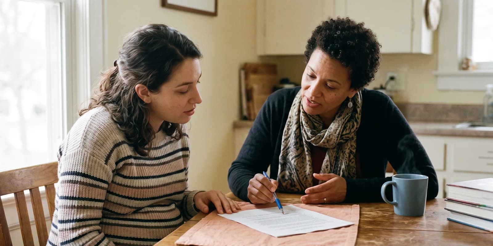 Reviewing a hospital plan, one part of an adoption plan An adoption counselor points her pen at a line on a one-page hospital plan while an expectant mother reads it at a kitchen table