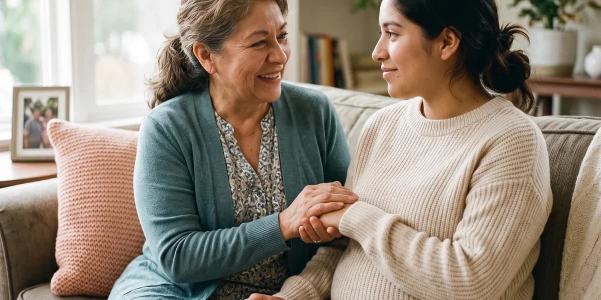 Adoption counselor holding a birth mother's hands while creating her adoption plan