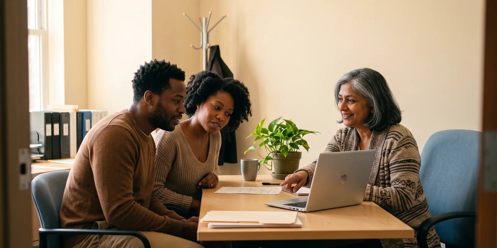 Meeting a tax preparer about the adoption tax credit and Form 8839 A couple lean in to look at a laptop a tax preparer has turned toward them across her office desk