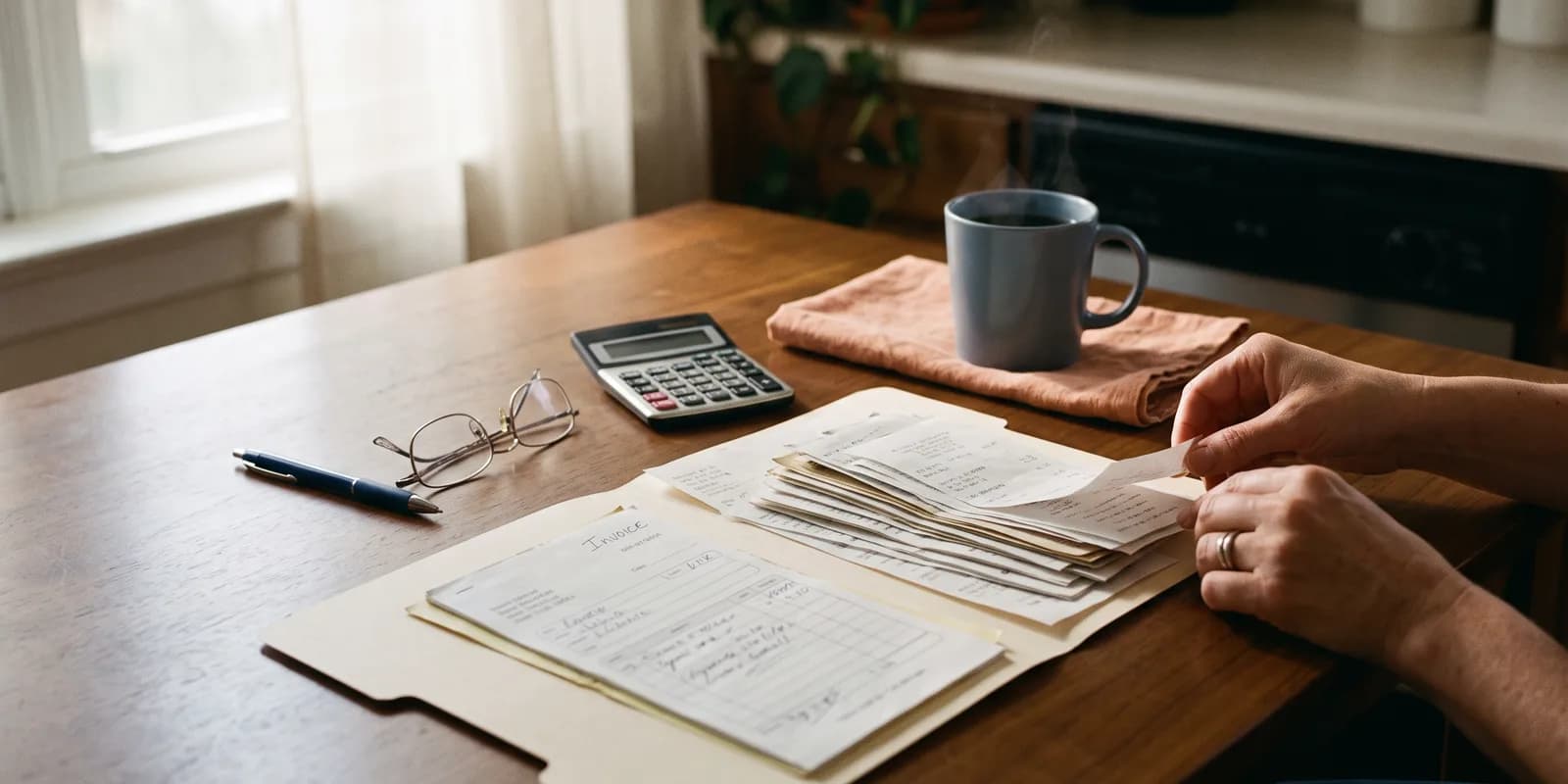 Keeping adoption expense receipts for the federal adoption tax credit A hand sorts a stack of paper receipts in an open folder on a kitchen table, beside a calculator, reading glasses, a pen, and a mug of coffee