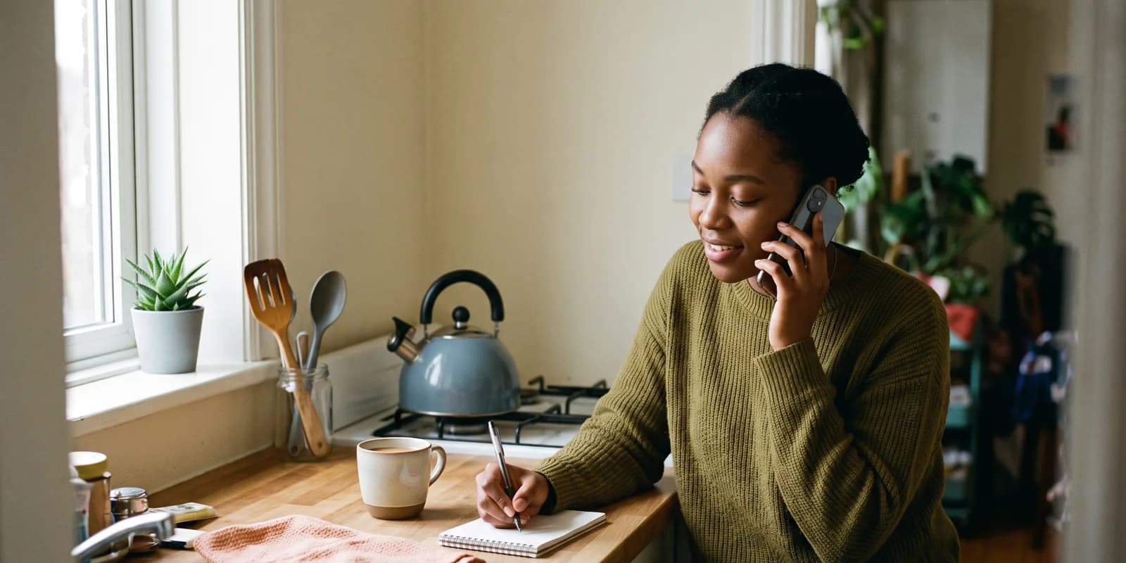 A birth mother on a call with her free adoption attorney A young woman leans on her kitchen counter during a phone call, smiling slightly as she writes a note on a small pad
