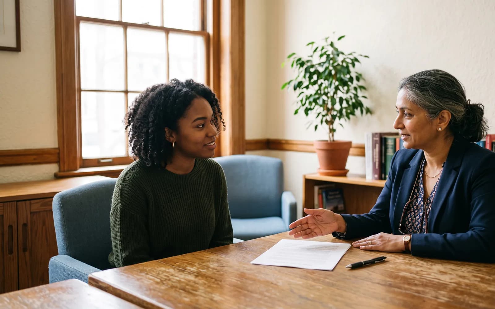 A young woman and an attorney talk across a wooden desk with a single document and a pen between them