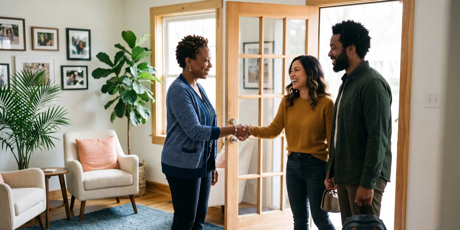 Visiting an adoption agency office before choosing one An agency staff member shakes hands with a smiling couple at the glass door of a bright office lobby with armchairs and plants