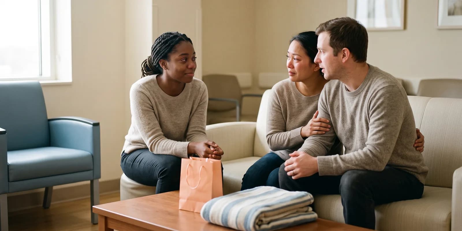 Birth mother and adoptive family together before an entrustment ceremony A young woman and a couple sit close together on a sofa in a hospital family room, a small gift bag and a folded blanket on the table in front of them