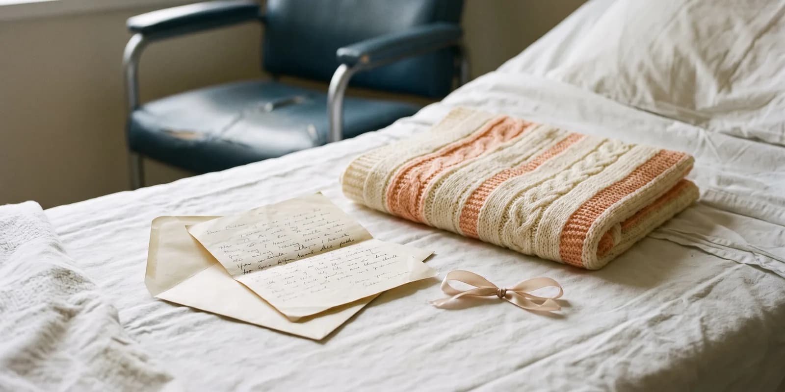A birth mother's letter and blanket prepared for an entrustment ceremony A handwritten letter on an open envelope, a folded knitted baby blanket in cream and peach, and a small ribbon resting on white hospital bed linens