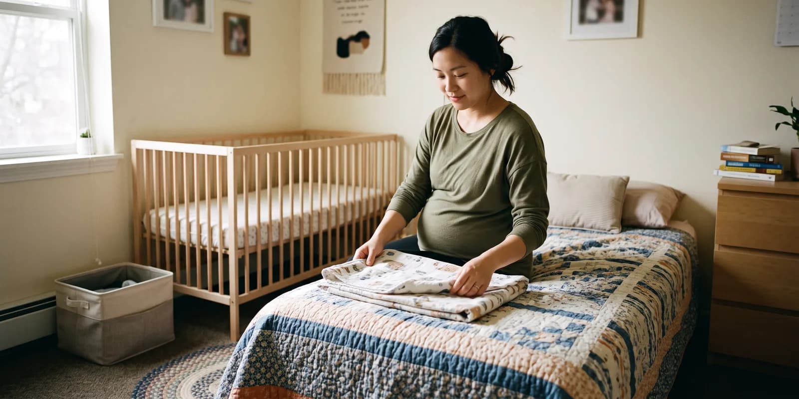 A safe room through pregnancy and after is possible whether you parent or place A pregnant woman folding a baby blanket in a small tidy bedroom with a crib in the corner and morning light