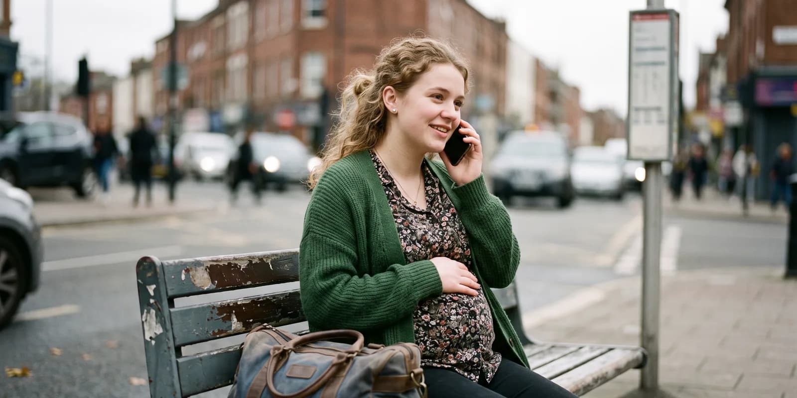 Calling 211 is the fastest way to find emergency shelter while pregnant A pregnant young woman sitting at a bus stop with a duffel bag, talking on her phone with a hopeful expression