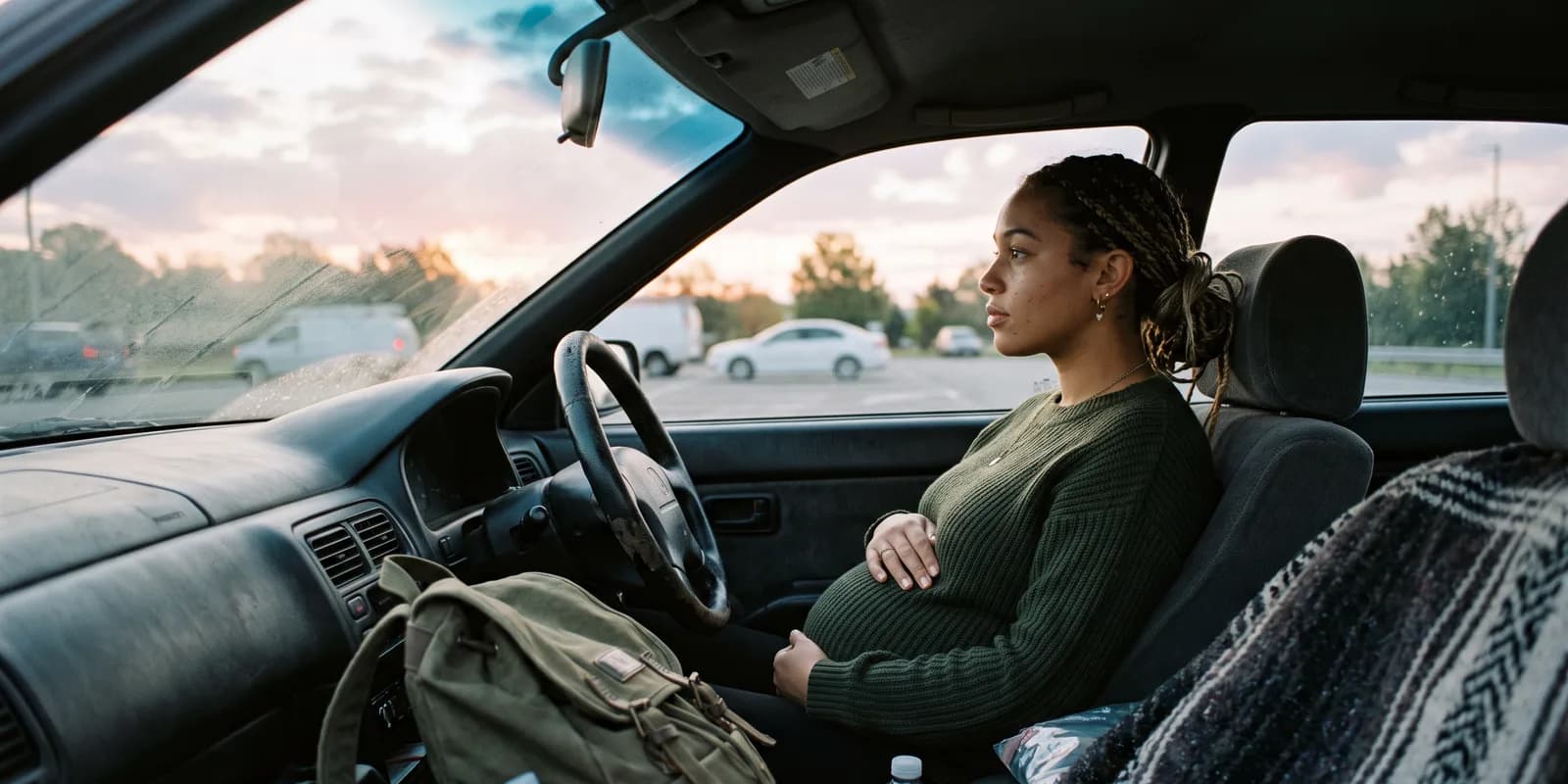 Sleeping in a car while pregnant should be a one-night bridge to real housing A pregnant woman sitting in the driver's seat of a parked sedan at dawn with a blanket and backpack on the passenger seat