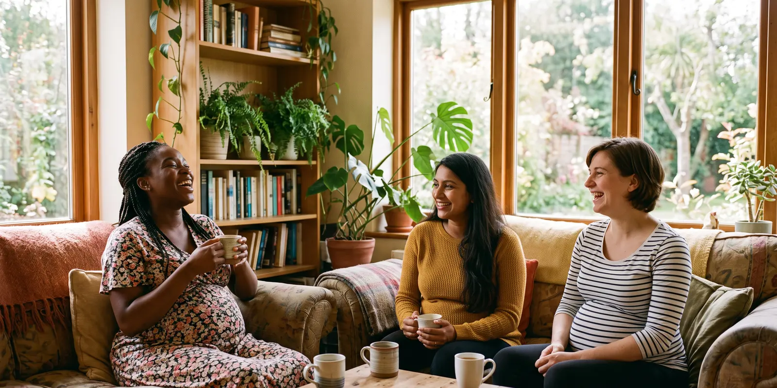 Maternity homes house pregnant women for free through pregnancy and often after birth Three pregnant women sitting on couches in the bright common room of a maternity home, one laughing, with mugs of tea