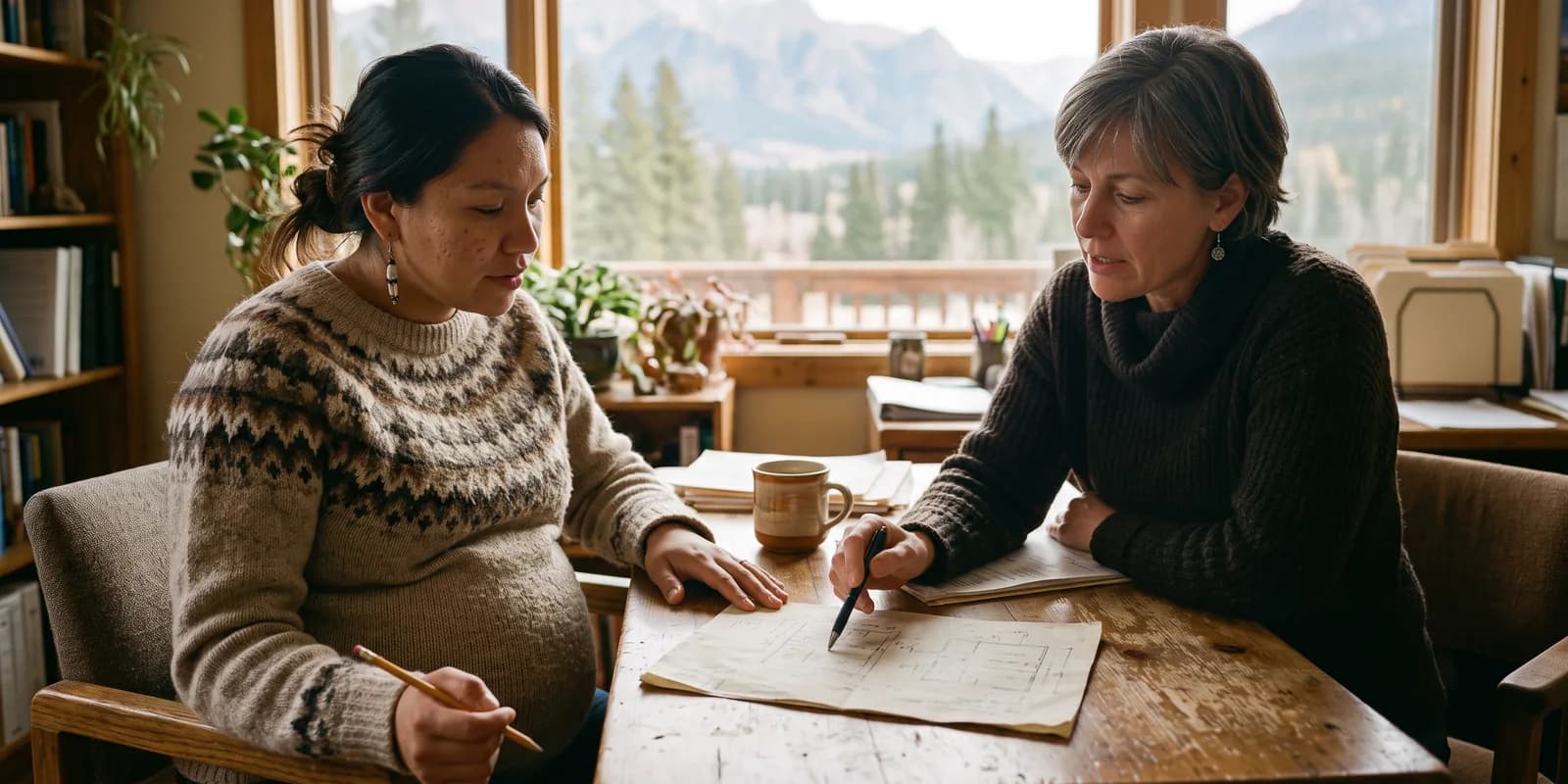 A licensed adoption agency can help with pregnancy-related housing as state law allows A pregnant woman and an adoption counselor reviewing a simple housing plan on paper at a small office table