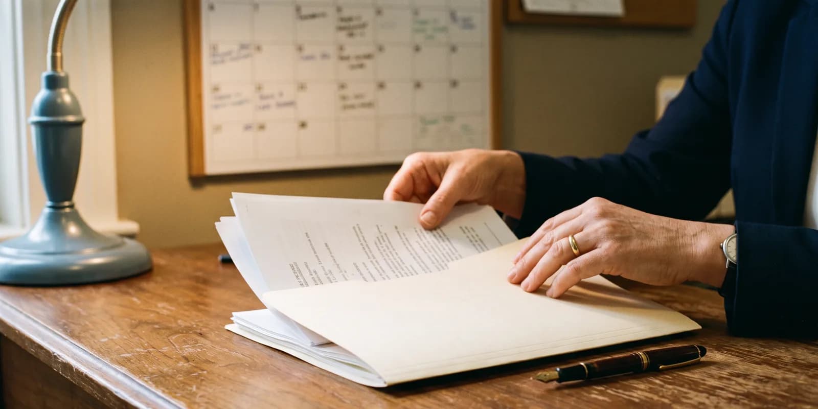 Putative father registry and consent paperwork handled by the attorney An attorney's hands place printed legal documents into a cream folder on a wooden desk, a fountain pen beside it and a wall calendar out of focus behind