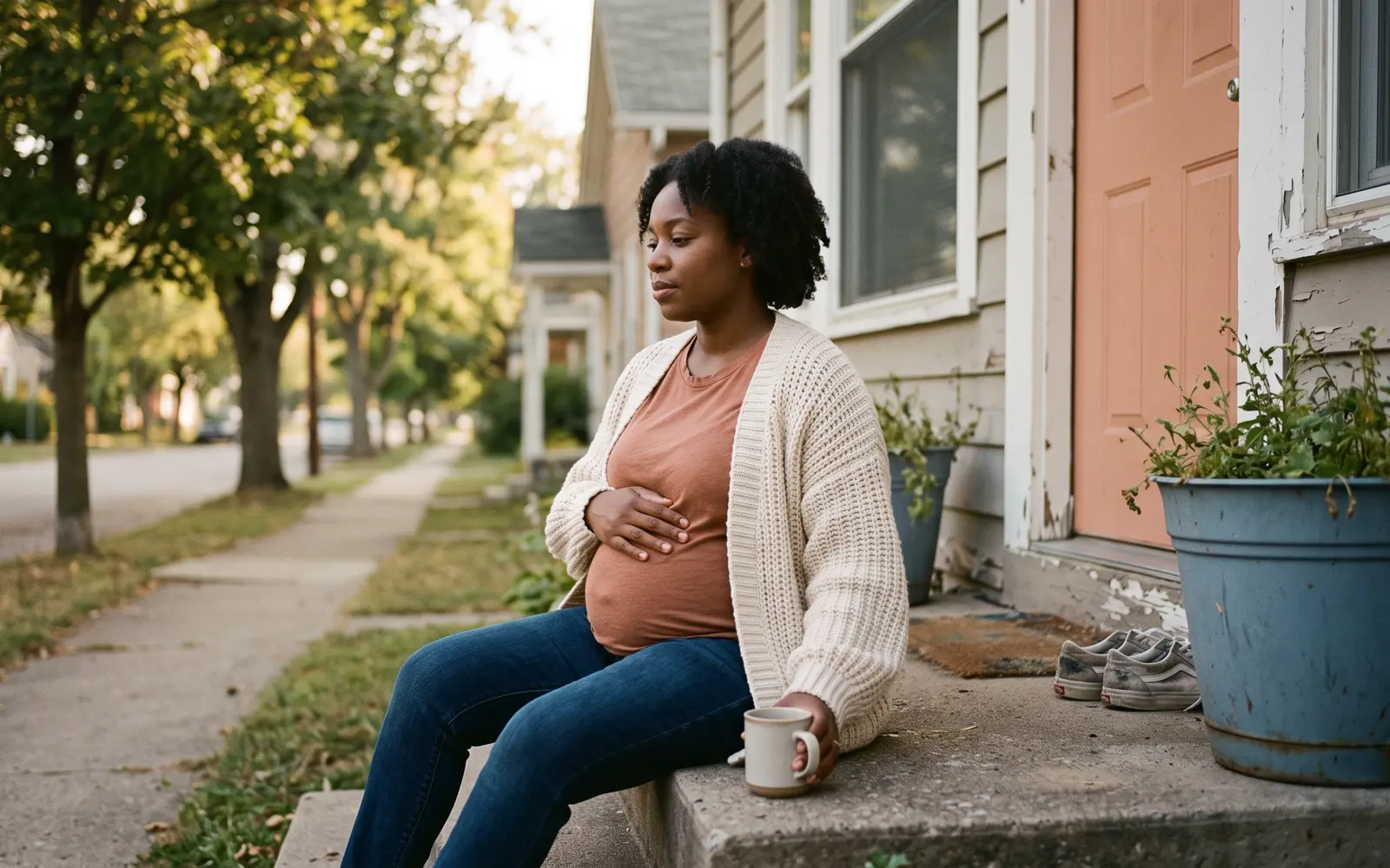 A pregnant woman sits on her front step holding a mug, one hand on her belly, looking down a tree-lined street