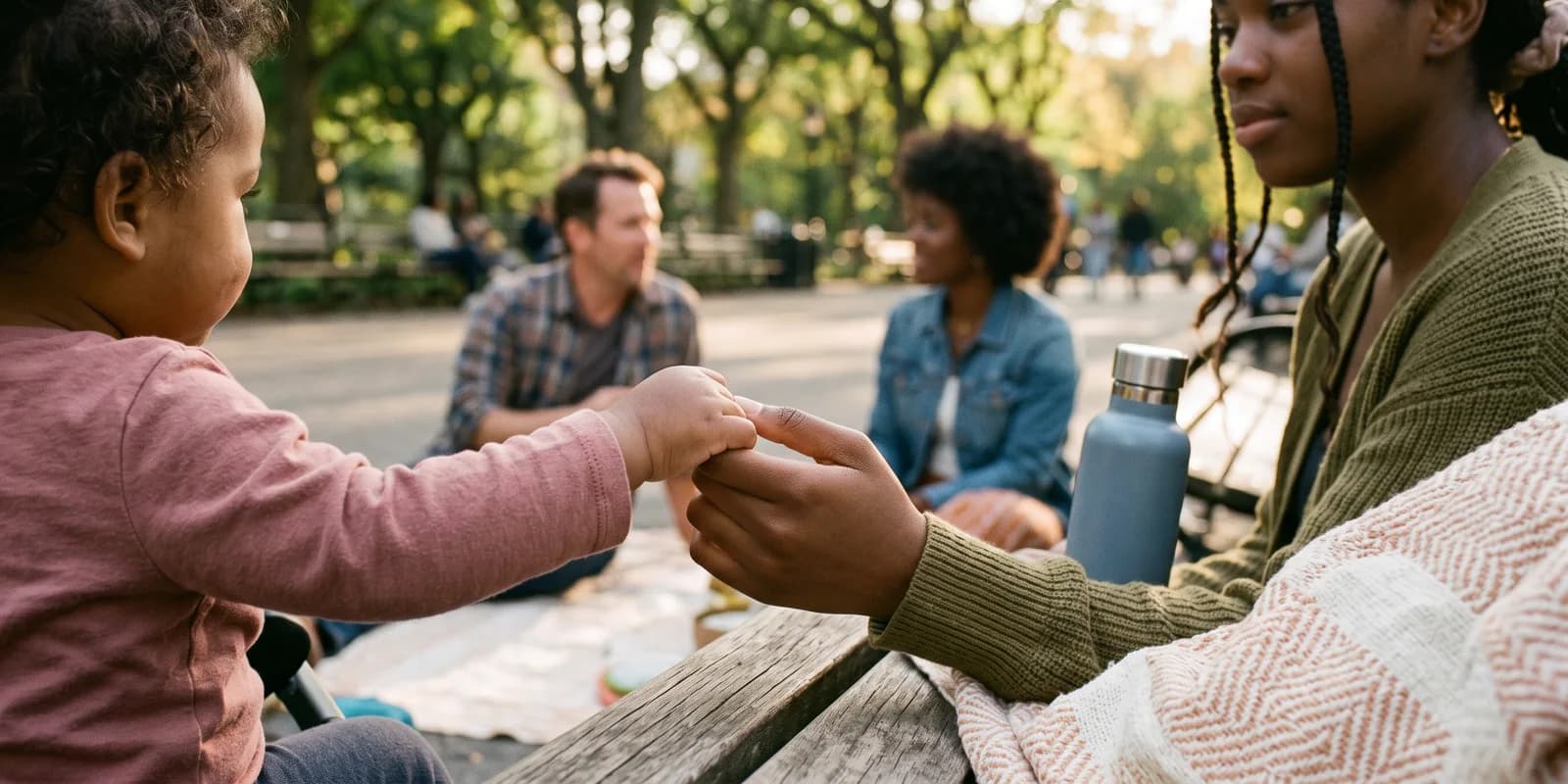Siblings growing up connected through open adoption A toddler holds a young woman's finger on a park bench while two adults sit relaxed and out of focus behind them in late-afternoon light