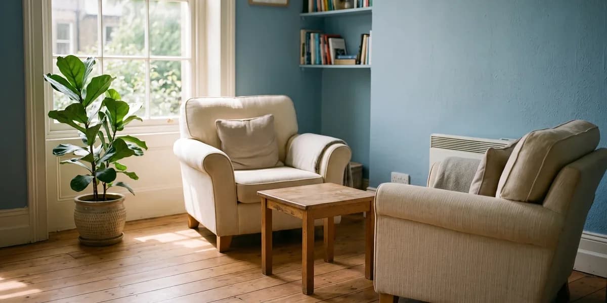 A warm, welcoming Utah adoption agency office with two armchairs and natural light