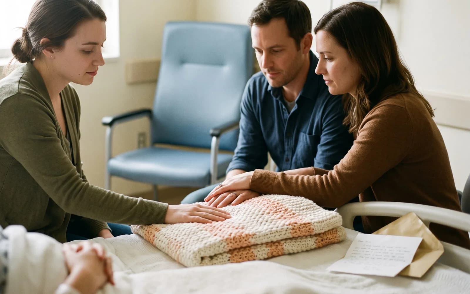 A birth mother and an adoptive couple rest their hands together on a folded knitted blanket in a hospital room, a handwritten letter beside it