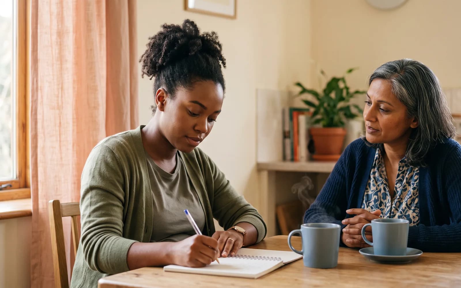 An expectant mother writes in a notebook at a kitchen table while an adoption counselor listens, two mugs of tea between them