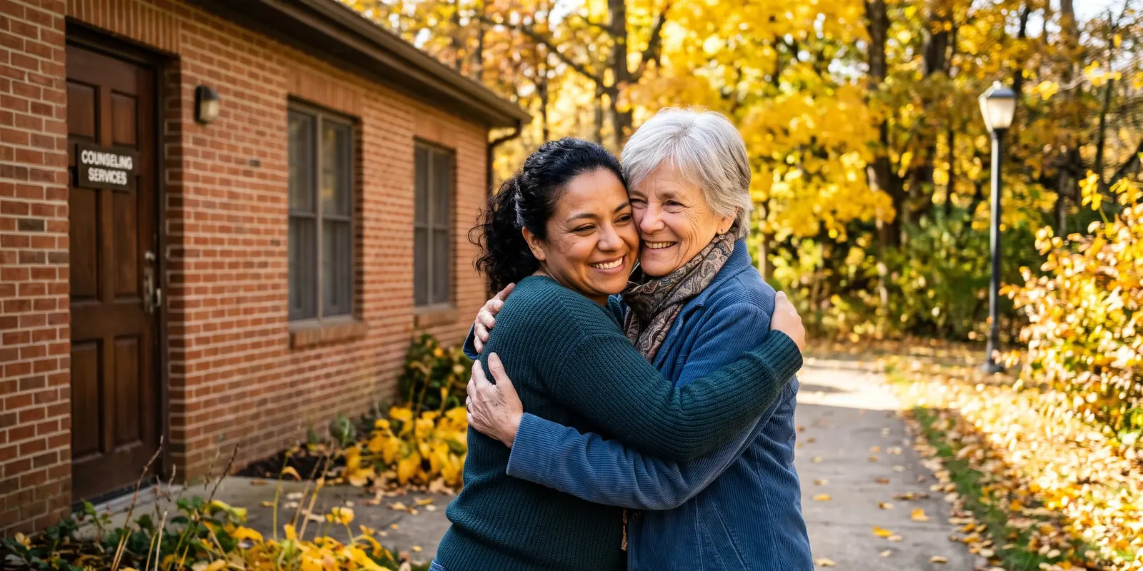 The best adoption agencies for birth mothers are still there years after placement A birth mother embracing her adoption counselor outside the agency office on an autumn afternoon, years after placement