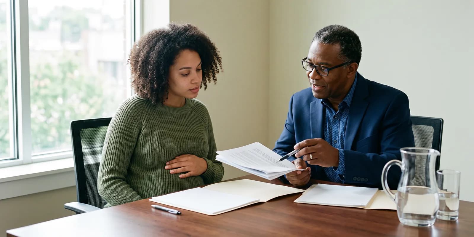The best adoption agencies provide the birth mother her own attorney at no cost A pregnant woman meeting with her own attorney in a bright conference room while he explains a document