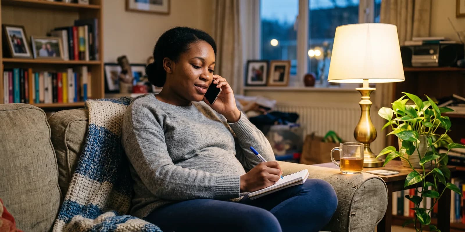 Birth mothers should ask every adoption agency the same questions and write down the answers A pregnant woman on her couch in the evening talking on the phone with an adoption agency and writing notes on a notepad