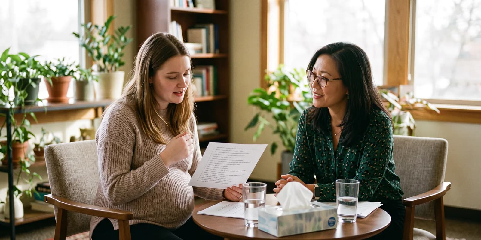 A good adoption agency gives a birth mother a trained counselor, not a salesperson A pregnant woman holding a printed list of questions while talking with an adoption agency counselor across a small table