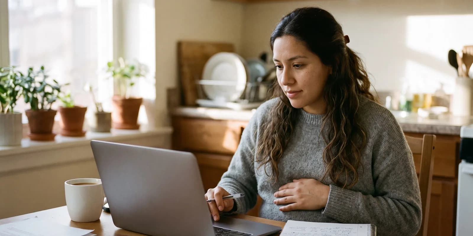Choosing the best adoption agency for a birth mother starts with a notebook and the same questions for each A pregnant woman at her kitchen table comparing adoption agencies on a laptop and taking notes in a notebook