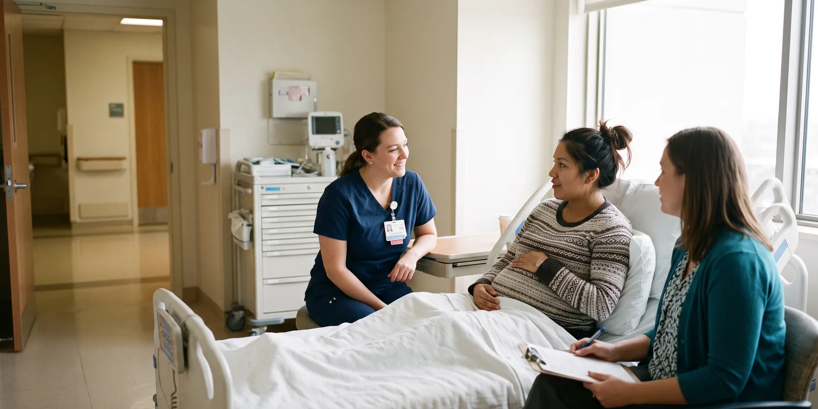 A full-service adoption agency supports the birth mother at the hospital, which an attorney alone does not A pregnant woman on a hospital bed talking with a nurse and her adoption counselor in a bright maternity room