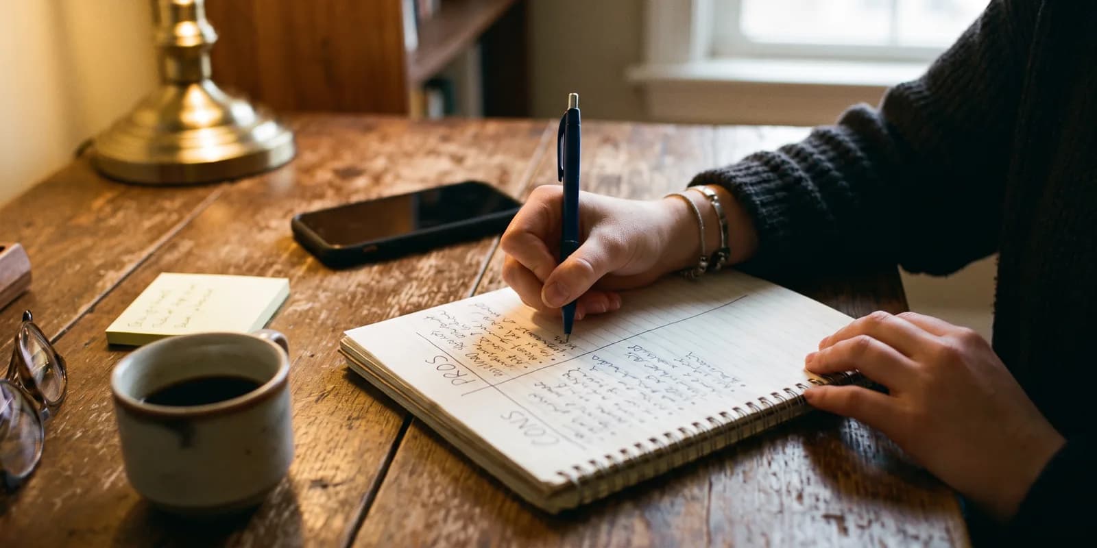 Comparing adoption agencies works best with the same questions and one page of notes per agency A woman's hands writing a pros and cons list in a notebook to compare adoption agencies
