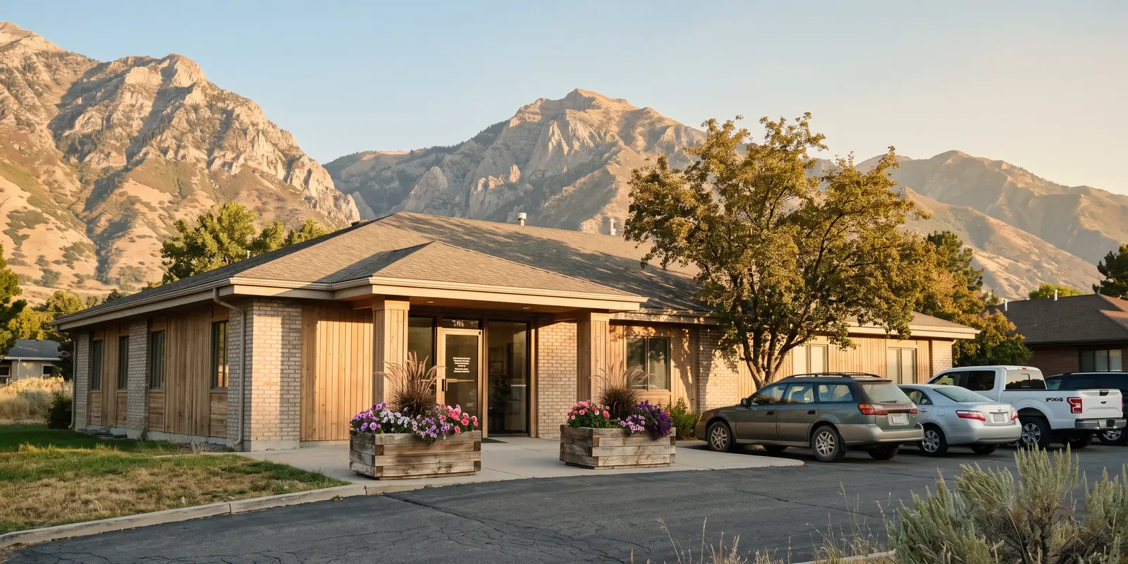 Licensed adoption agencies are inspected by the state that licenses them A modest licensed adoption agency office building with the Utah mountains in the background on a clear afternoon