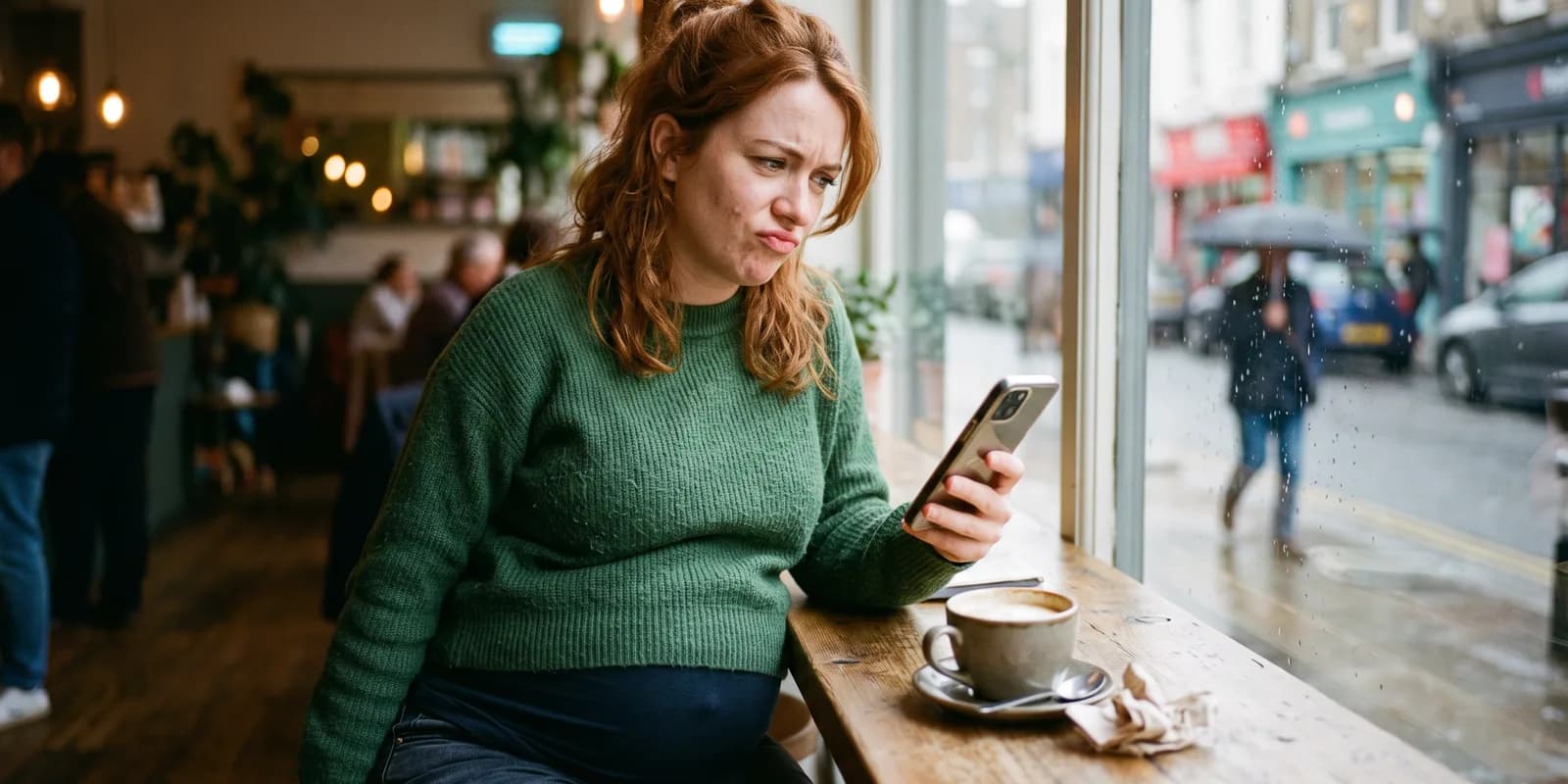 Adoption agency ads that lead with money are a red flag for birth mothers A young pregnant woman in a cafe looking at an adoption advertisement on her phone with a skeptical expression