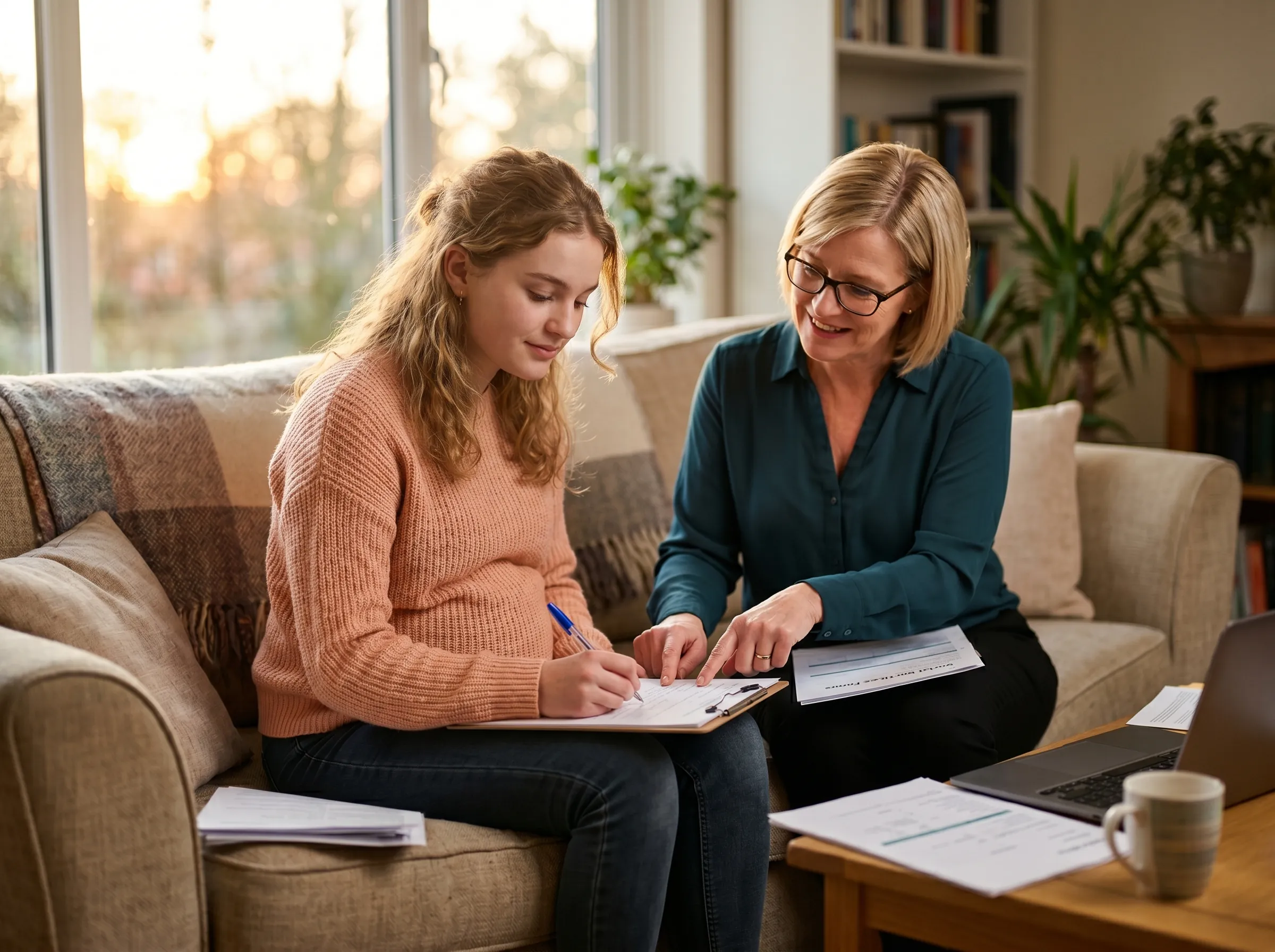 A counselor and an expectant mother sitting together, talking through options