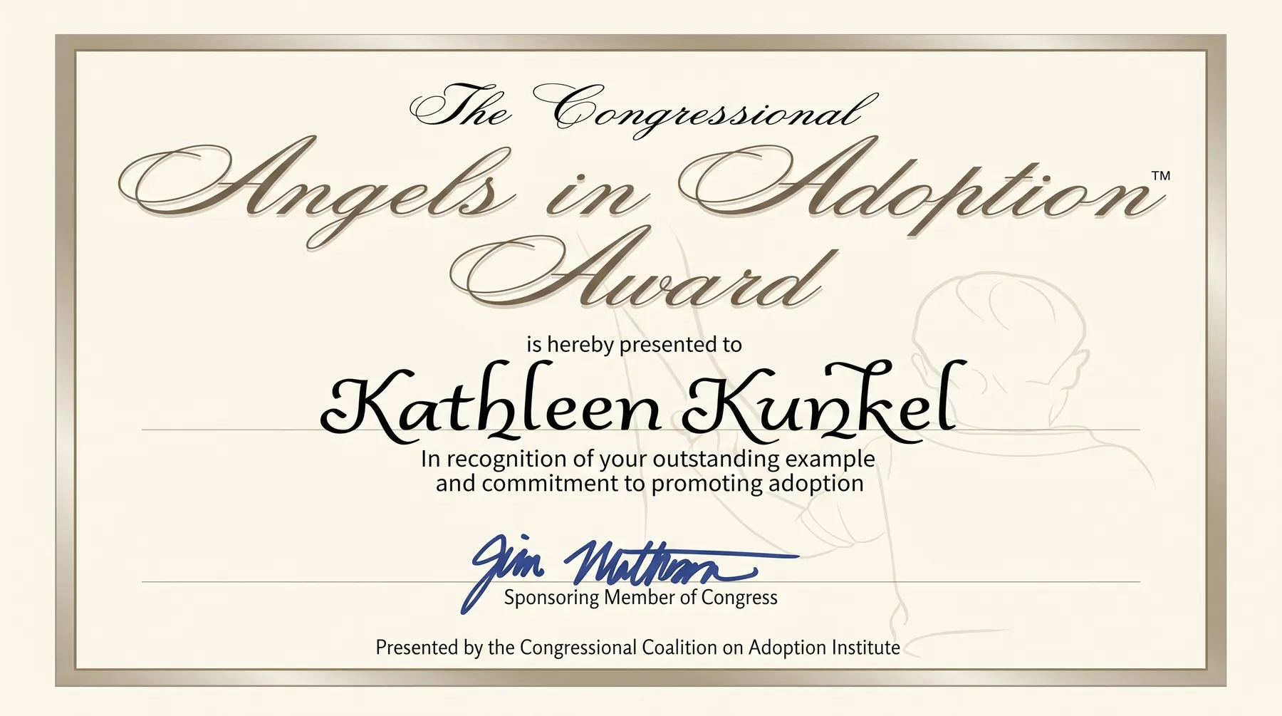 Kathy Kunkel's Congressional Angels in Adoption Award certificate