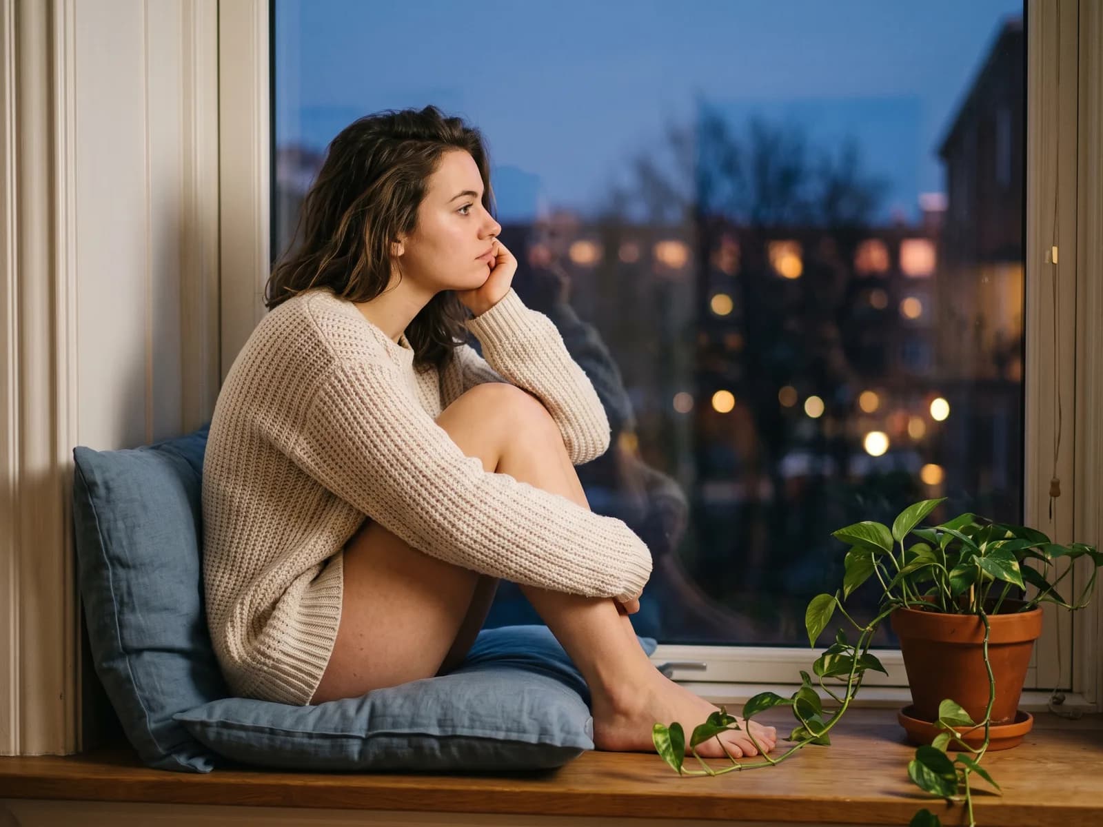 An expectant mother full of questions about adoption, at her window at dusk