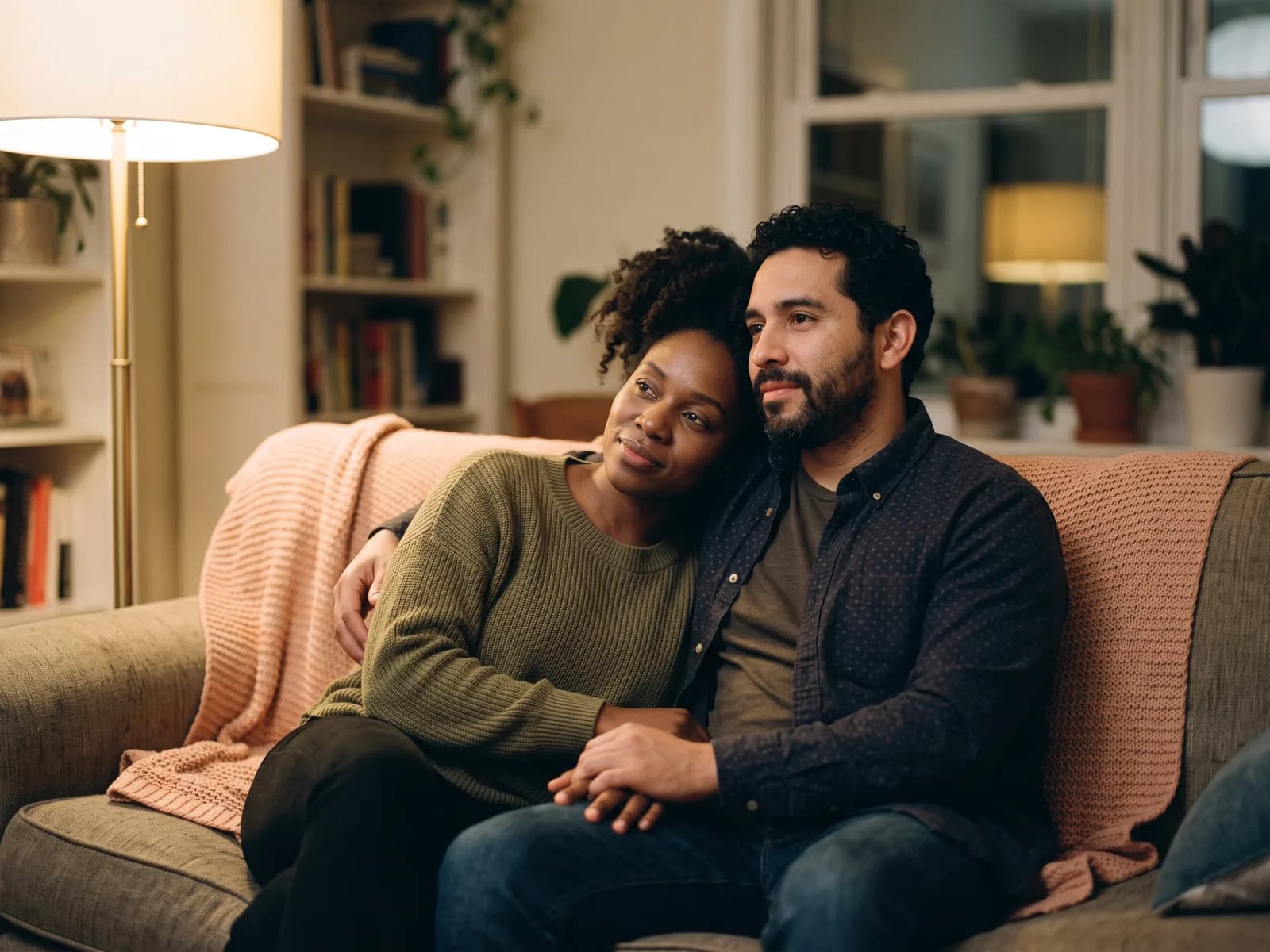 A hopeful couple thinking through their adoption questions together at home