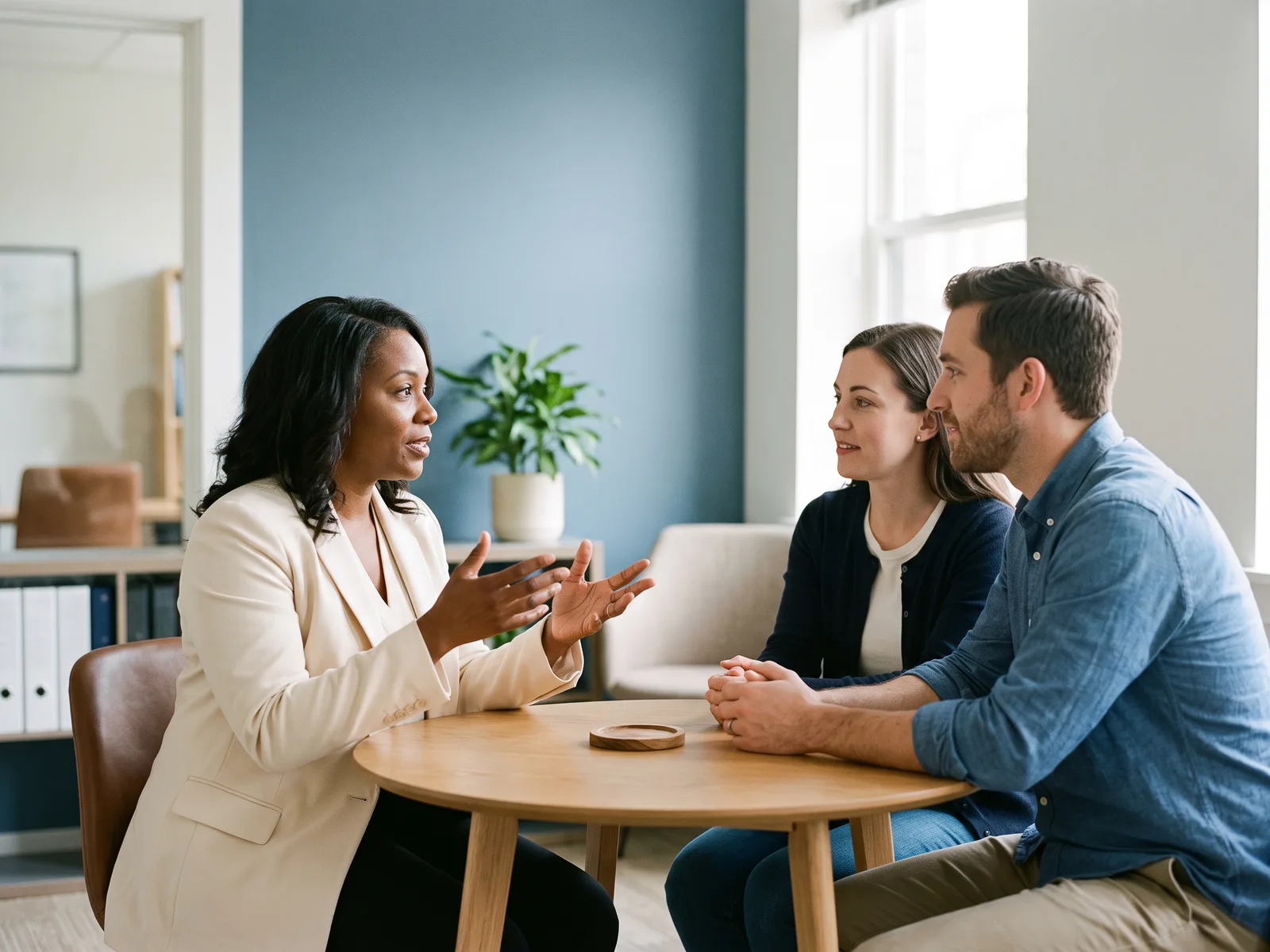 An agency counselor explaining what adoption fees cover during a free consultation