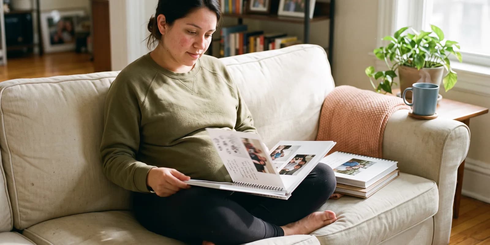 Birth moms looking for adoptive parents review profile books at their own pace A pregnant woman at home reading through adoptive family profile books while looking for adoptive parents for her baby